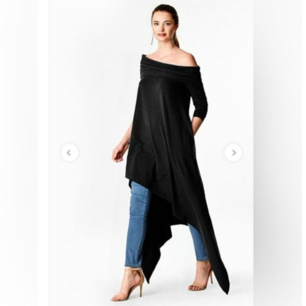 Eshakti Black Off the Shoulder Asymmetric Avant Garde Lagenlook Midi Dress 1X 2X - Picture 2 of 16